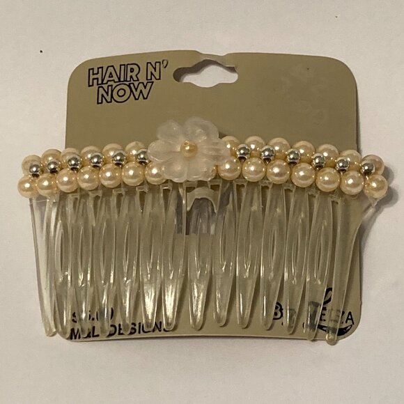 Vintage Cream White Pearl Beaded Flower Side Hair Comb 80s 90s Bridal Communion - Picture 3 of 11